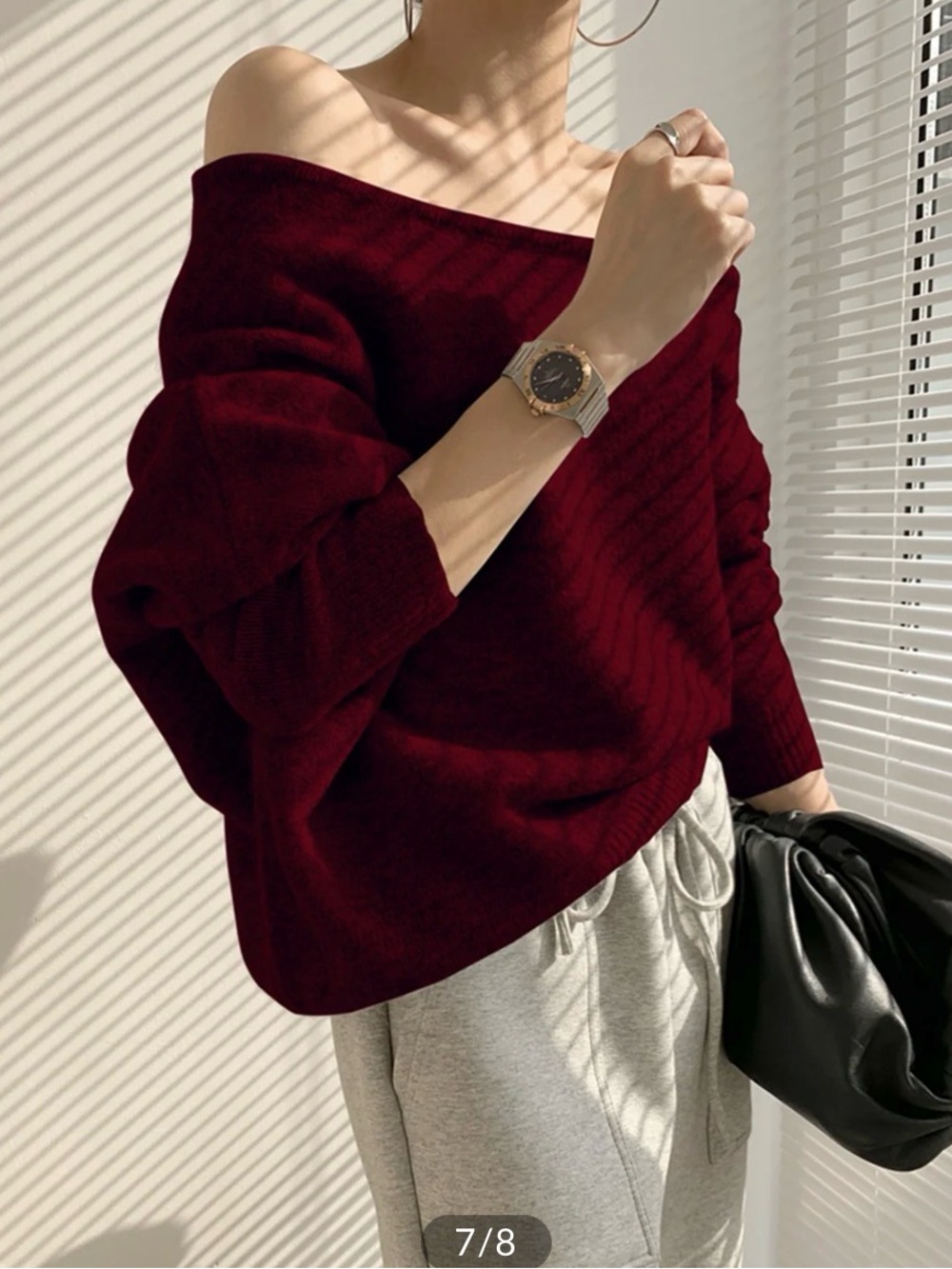 Commense Off-Shoulder Burgundy Asymmetrical Sweater